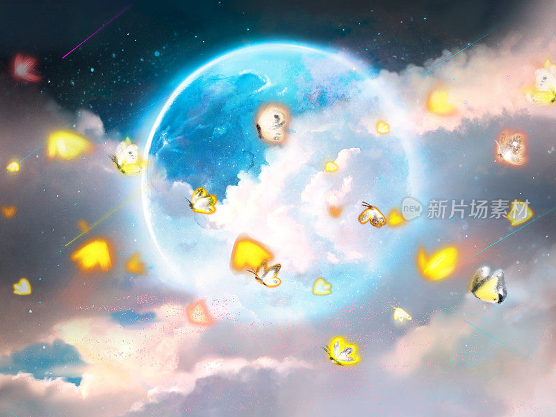 Fantasy background of full moon and starry night sky and fluffy yellow butterflies fluttering in the blue mysterious mid-autumn moon Clip art.じゃp jap